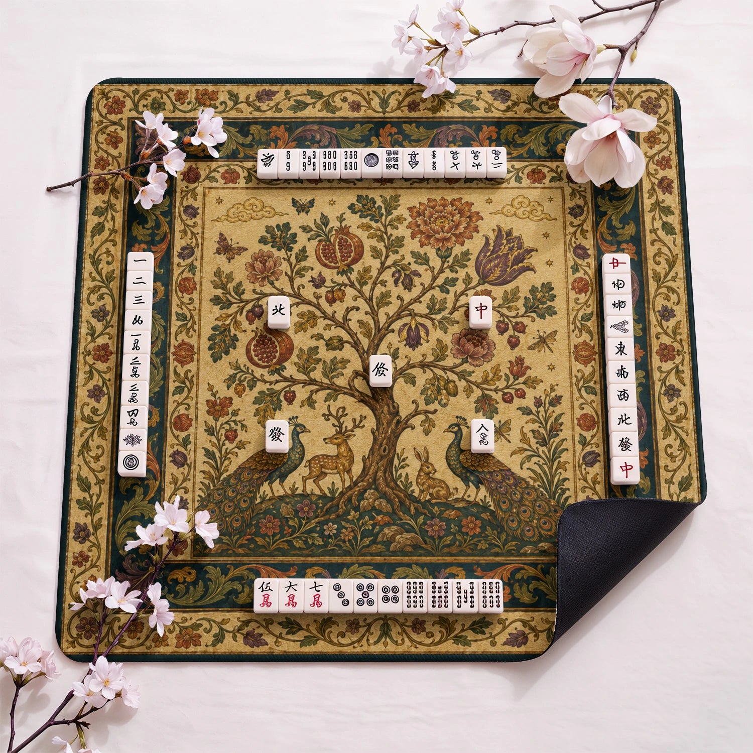 Tree of Life design close-up on mahjong mat surface