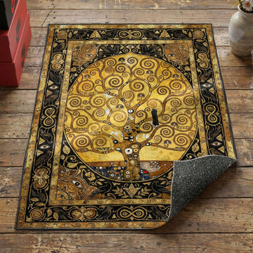 Tree of life spiral area rug with golden branches and birds on amber field and dark symbolic border
