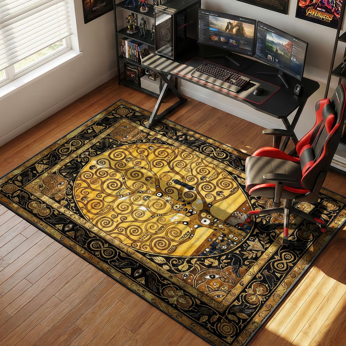 Tree of life rug placed in a meditation space with warm lighting and natural wood floor