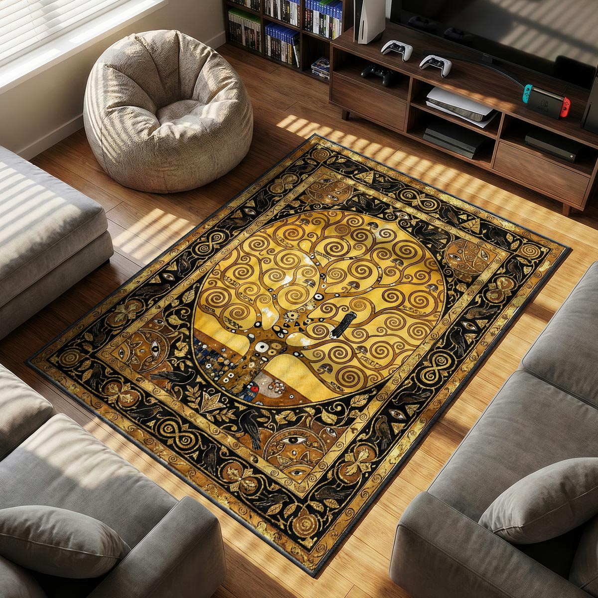 Close-up of tree of life rug showing spiral branch mosaic and raven eye border on velvet surface