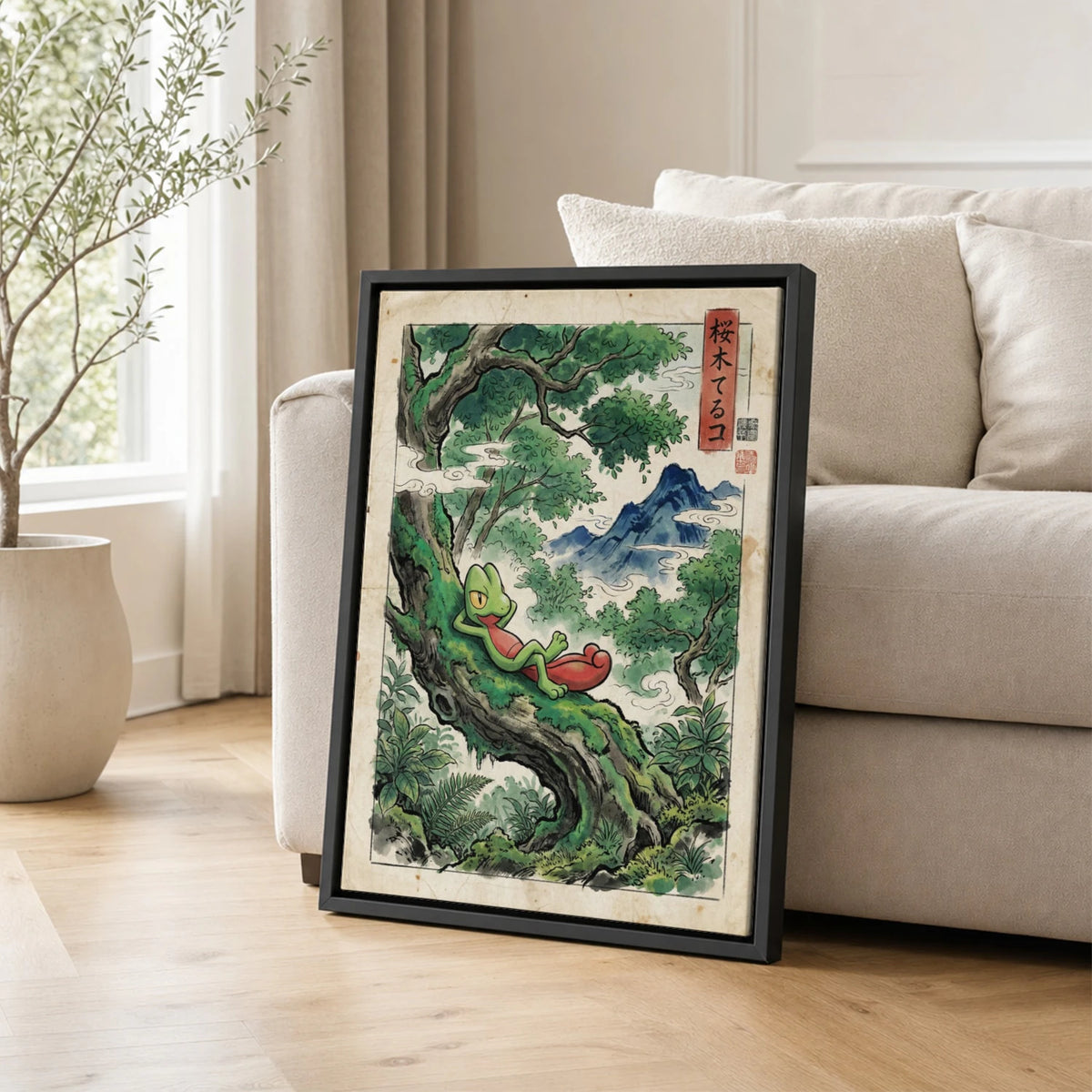Treecko Resting Pokemon poster leaning beside a sofa - living room wall art