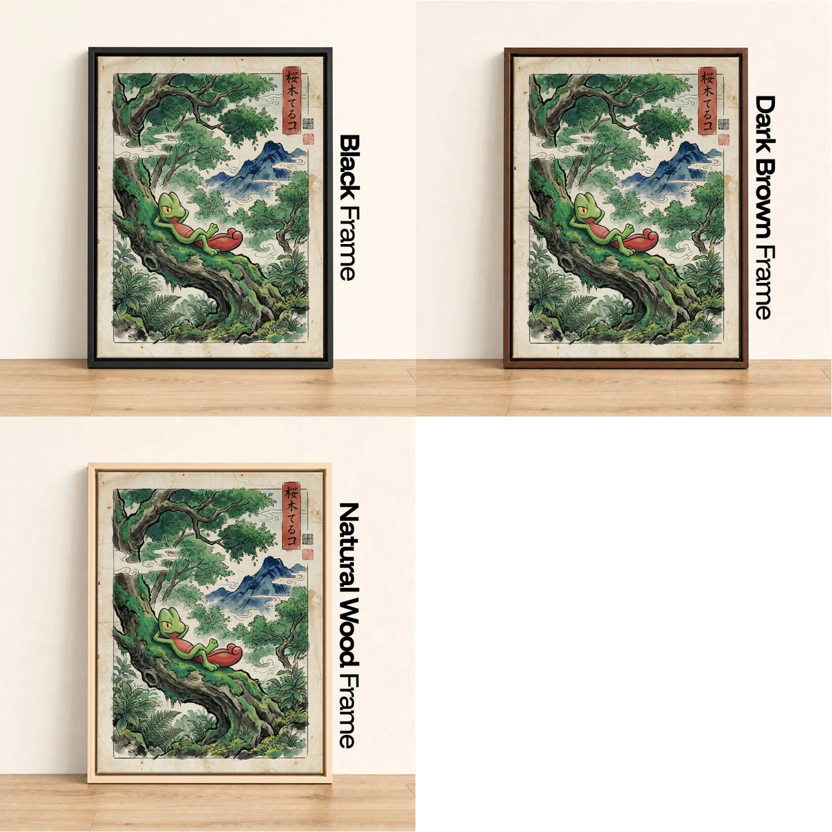 Treecko Resting Pokemon wall art - black, dark brown and natural wood frame options