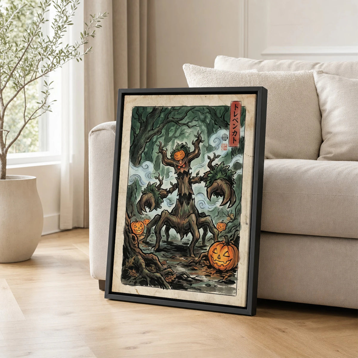 Trevenant Pumpkin Pokemon poster leaning beside a sofa - living room wall art