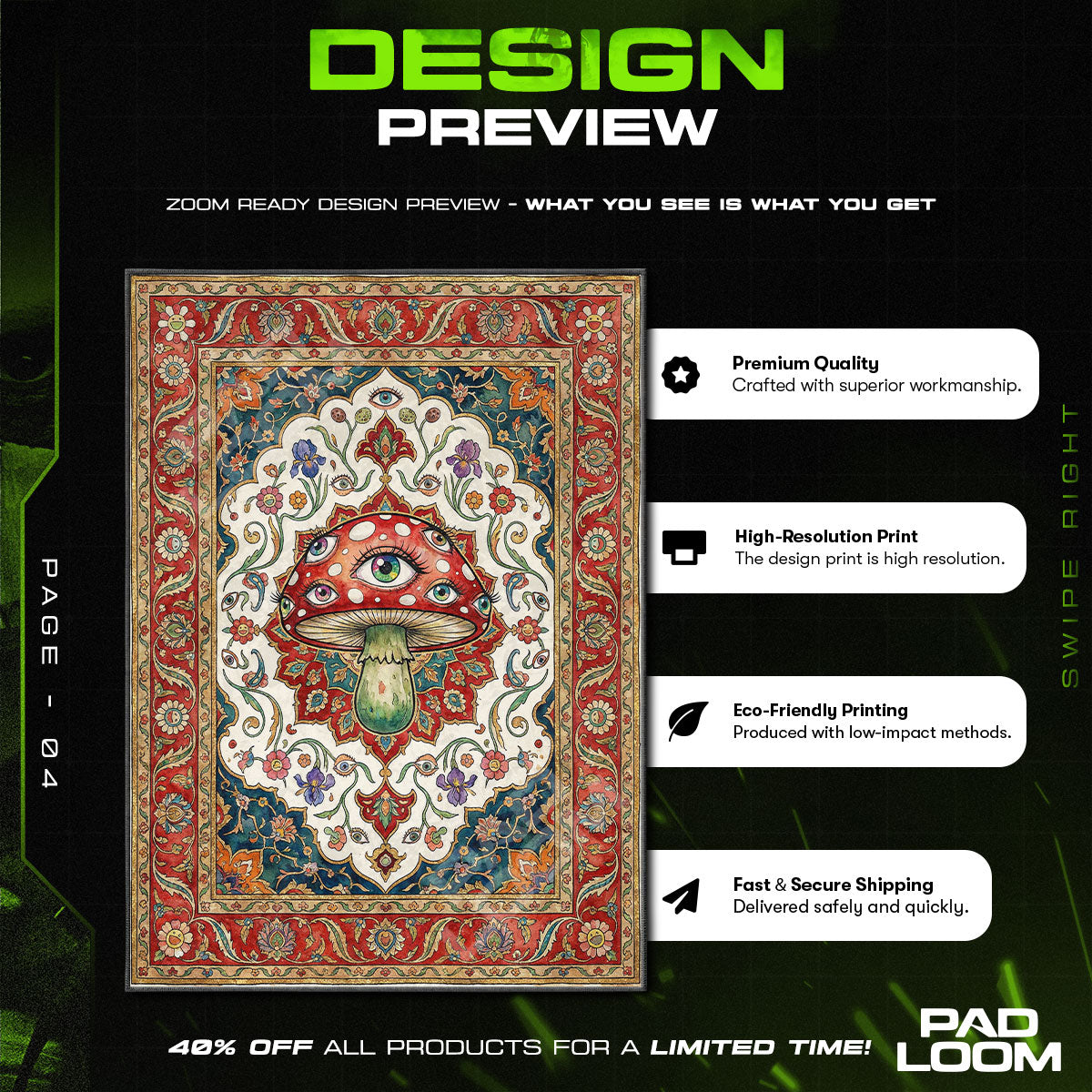 Trippy Eye Mushroom Persian Rug - Streetwear Floor Mat