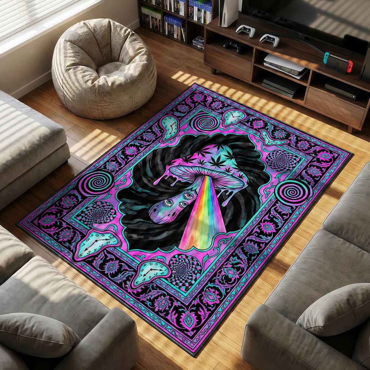 Trippy Mushroom Rainbow Rug - Streetwear Mat
