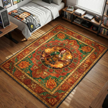 Triss Merigold casting fire magic in ornate art nouveau floral medallion gaming area rug and floor mat