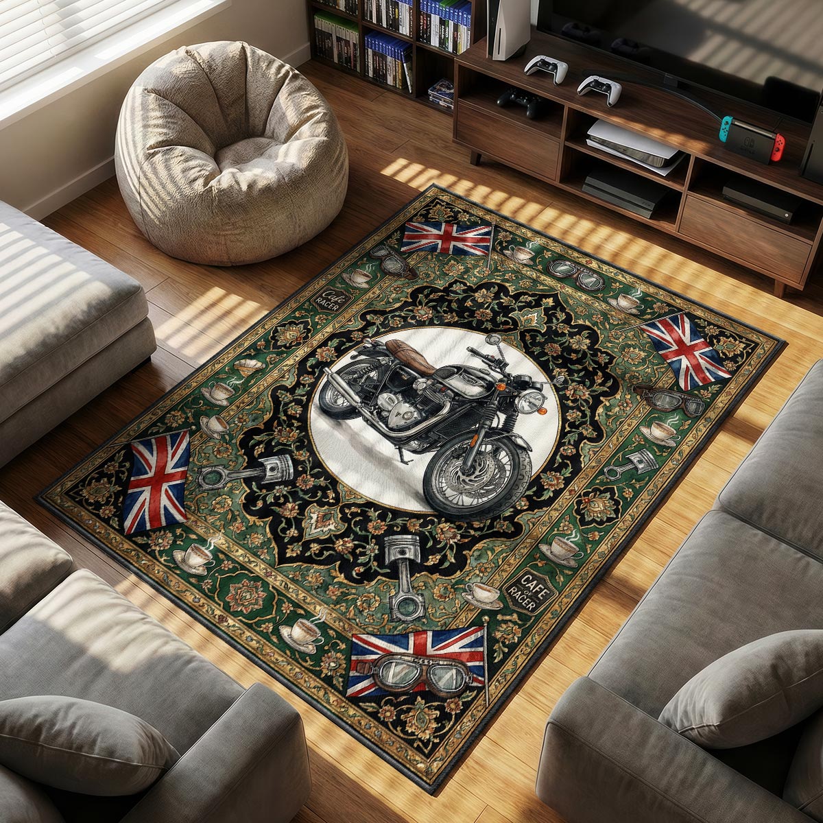 Triumph Bonneville themed area rug for home decor fans