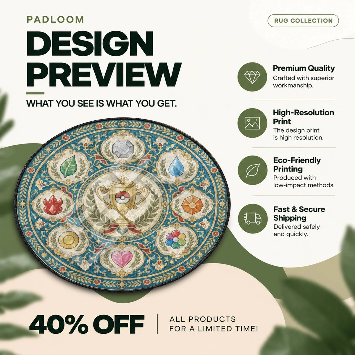 Trophy Medallion Pokemon round rug full design preview