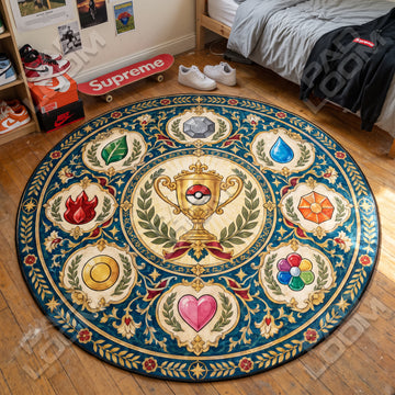 Trophy Medallion Pokemon round rug on a bedroom floor - Pokemon chair mat