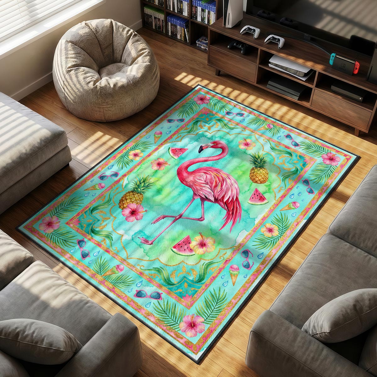 Tropical Flamingo Summer Rug – Kids Beach Theme Decor