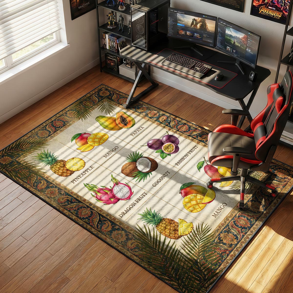Tropical fruits kitchen rug on white tile floor near a bowl of fresh fruit and bright window