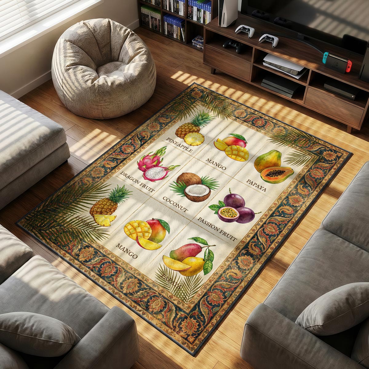 Close-up of tropical fruits mat showing watercolor mango illustration detail and velvet surface