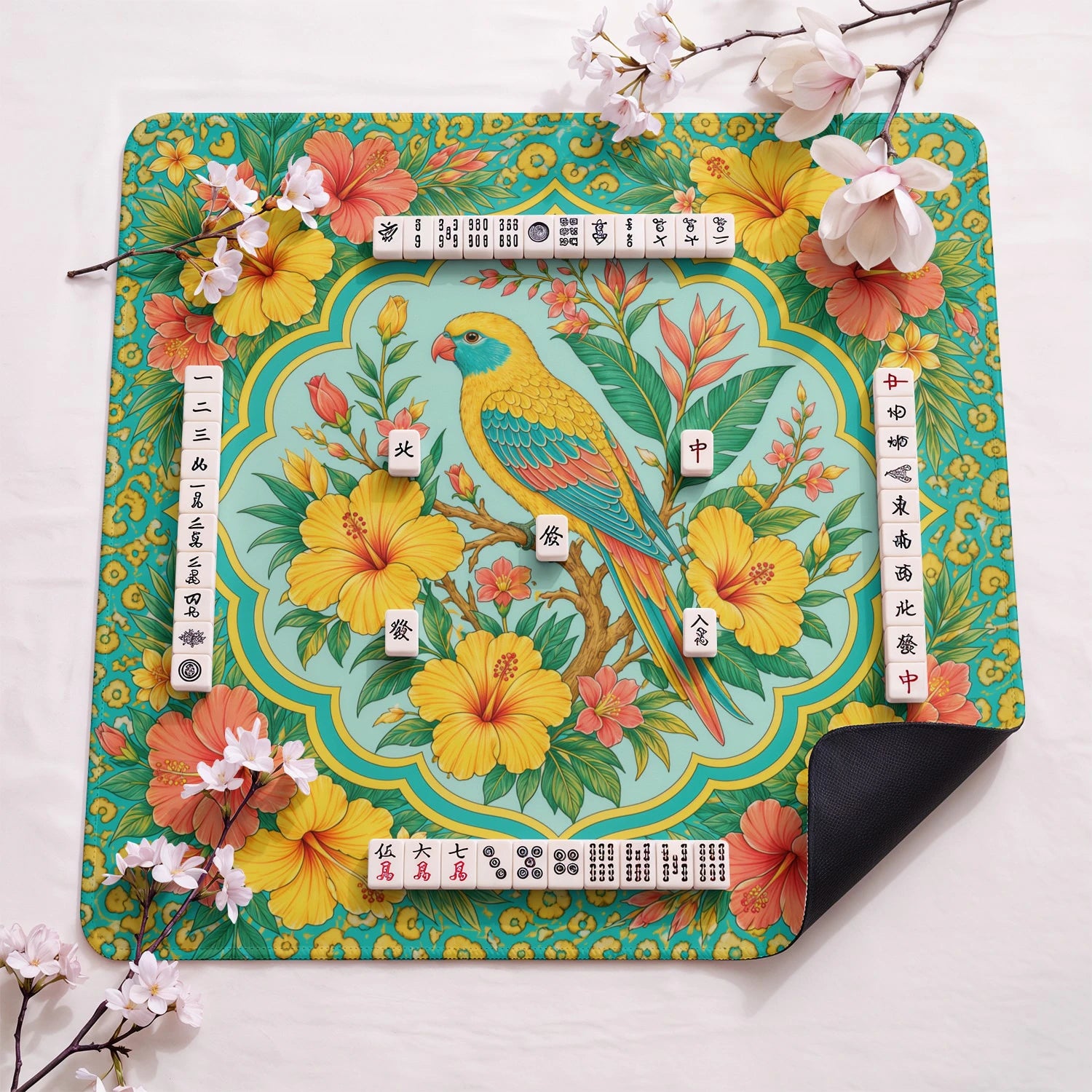 Tropical Parrot design close-up on mahjong mat surface