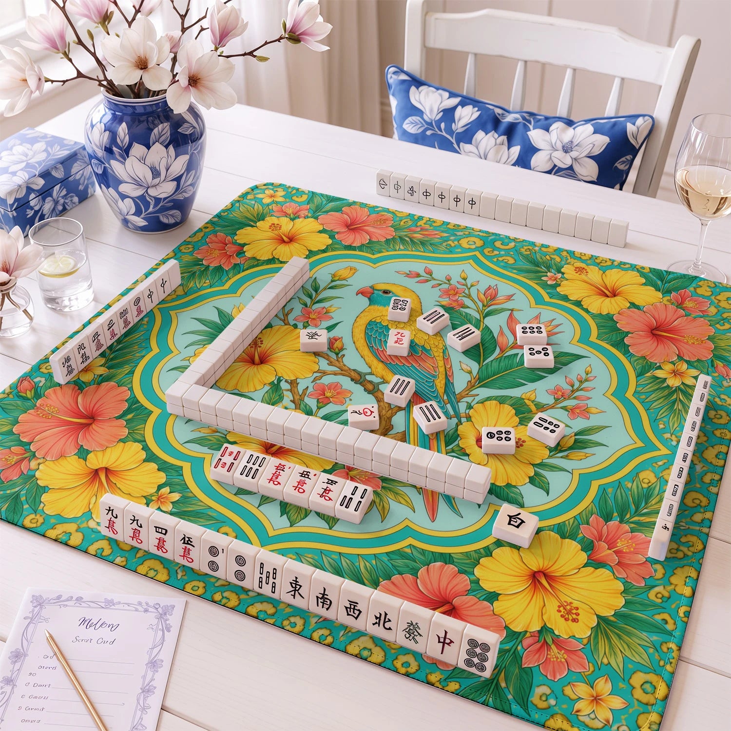 Tropical Parrot mahjong mat – M (60x60 cm) and L (81x81 cm) sizes