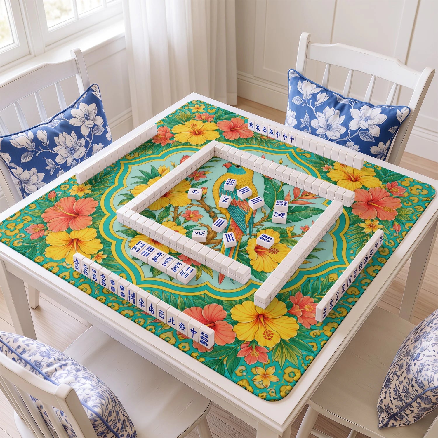 Tropical Parrot mahjong mat with tiles and racks on the table