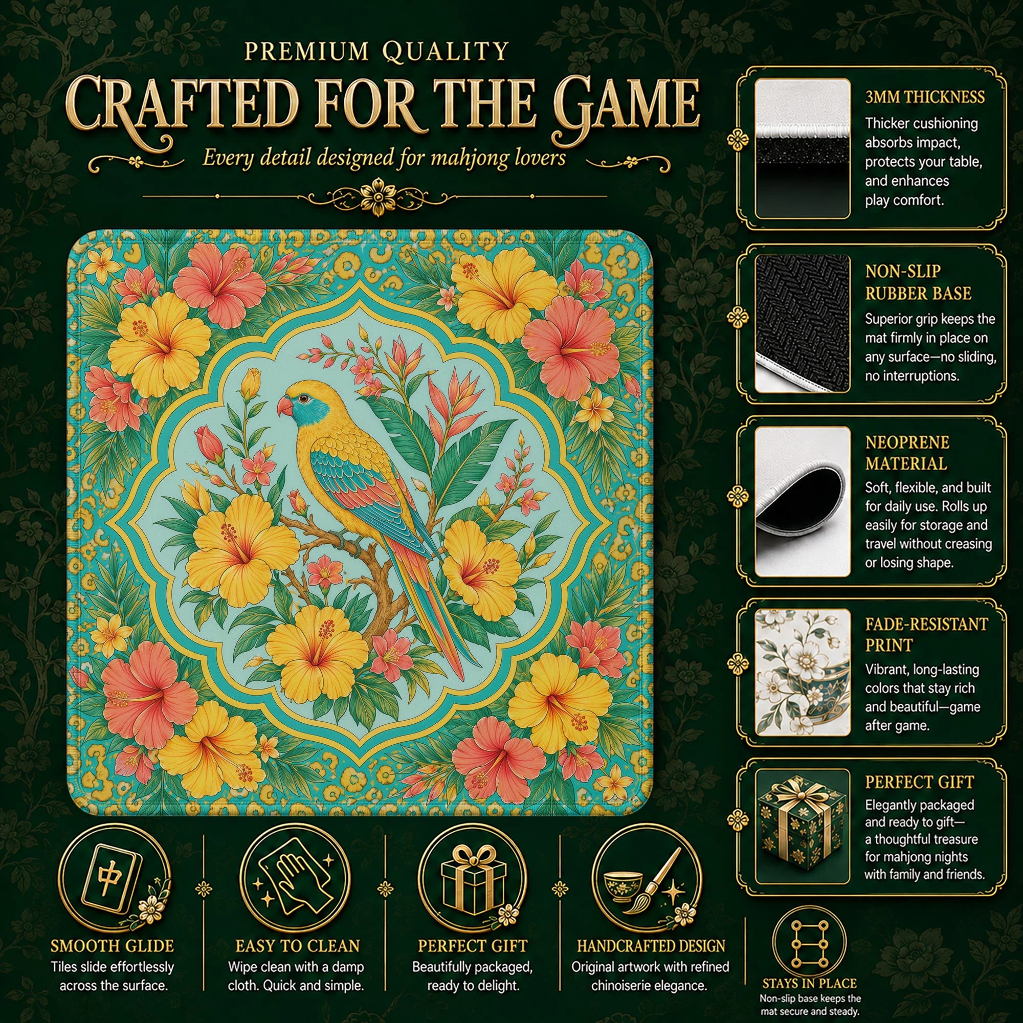Tropical Parrot Mahjong Mat – neoprene mah jongg table mat