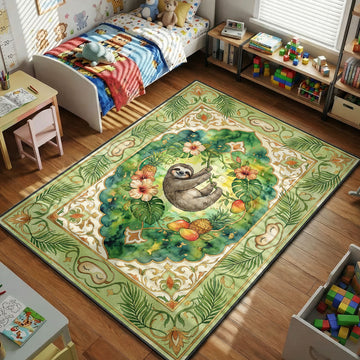 cute sloth tropical jungle leaves pineapple kids bedroom area rug