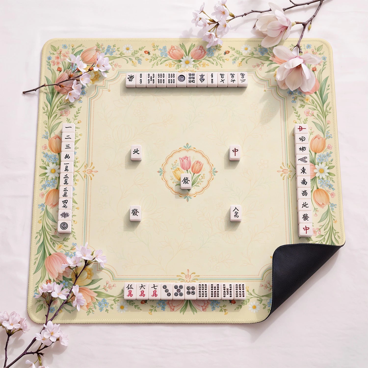 Tulip Meadow design close-up on mahjong mat surface