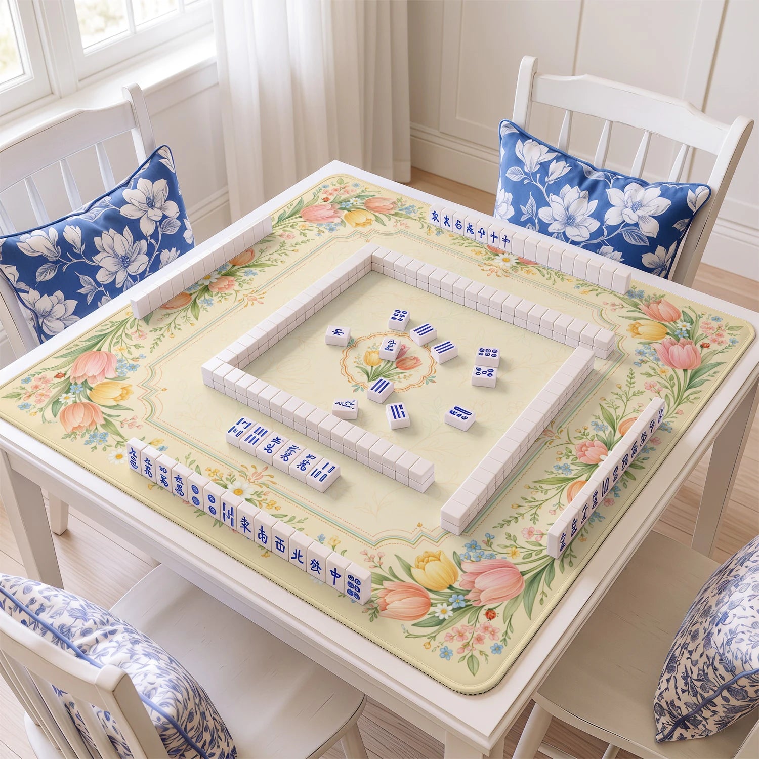 Tulip Meadow mahjong mat with tiles and racks on the table