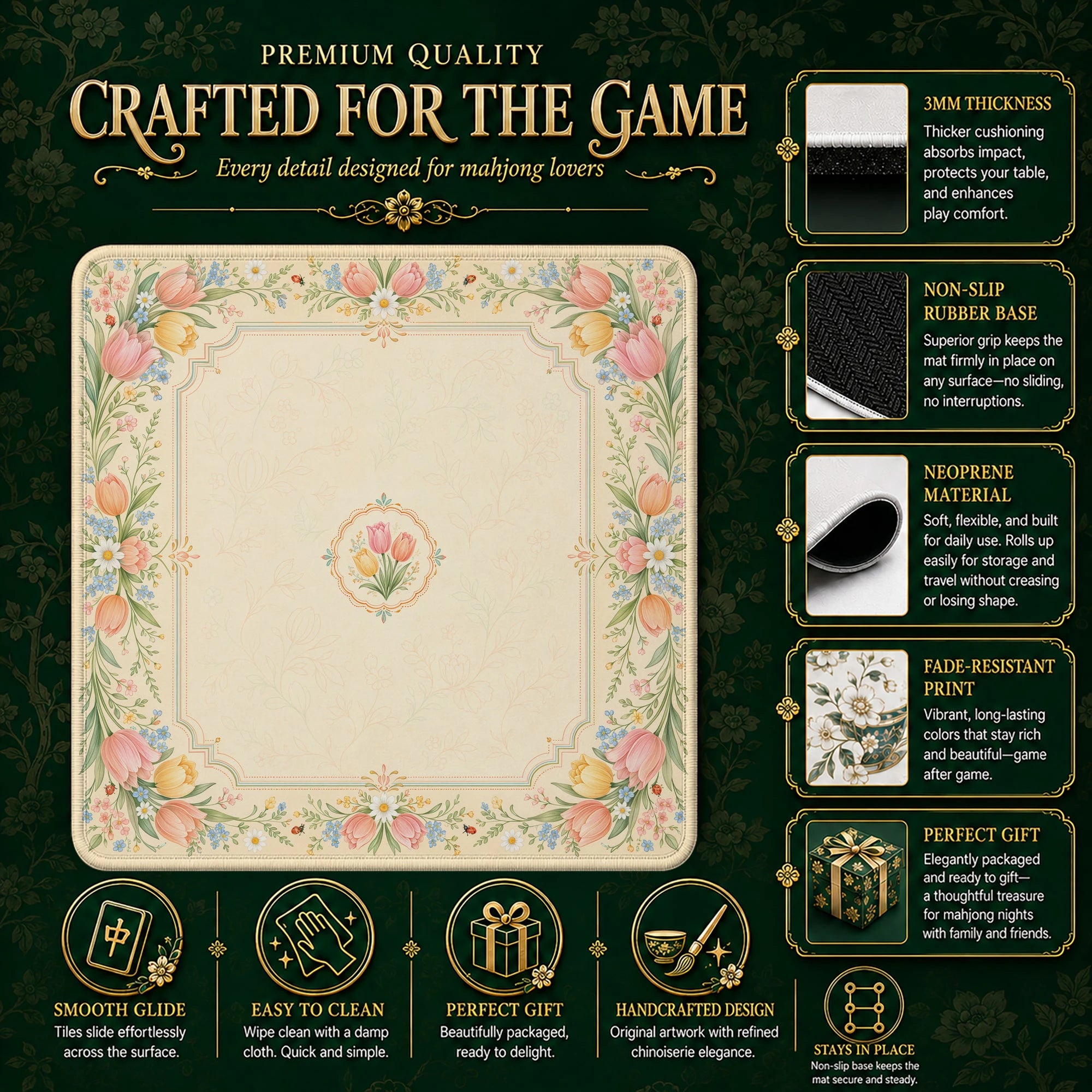 Tulip Meadow Mahjong Mat – neoprene mah jongg table mat