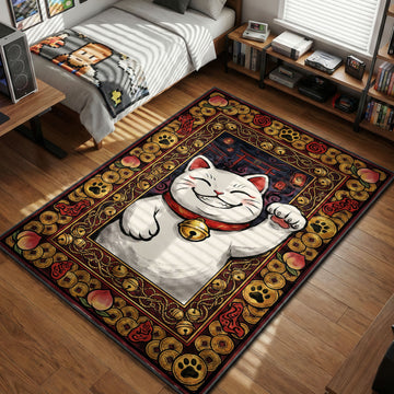 Padloom Dandadan anime rug featuring Turbo Granny trapped in a white Maneki Neko lucky cat doll, grinning mischievously surrounded by gold coins, peaches, and red torii gates.
