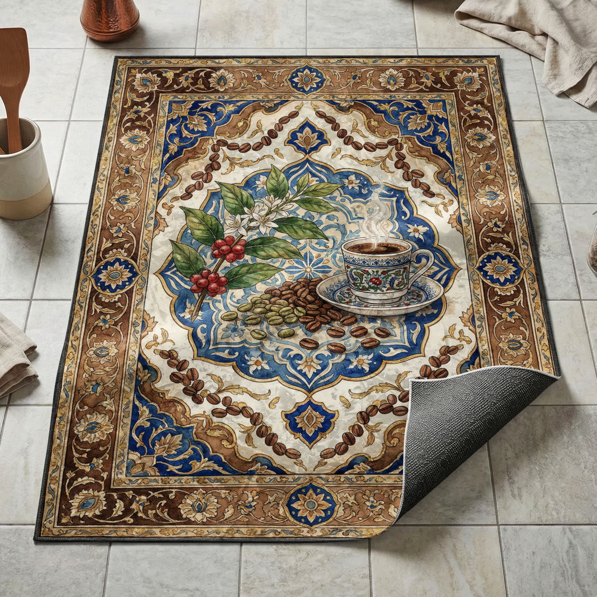 Turkish coffee cup with coffee plant kitchen mat on blue and brown medallion with bean garlands