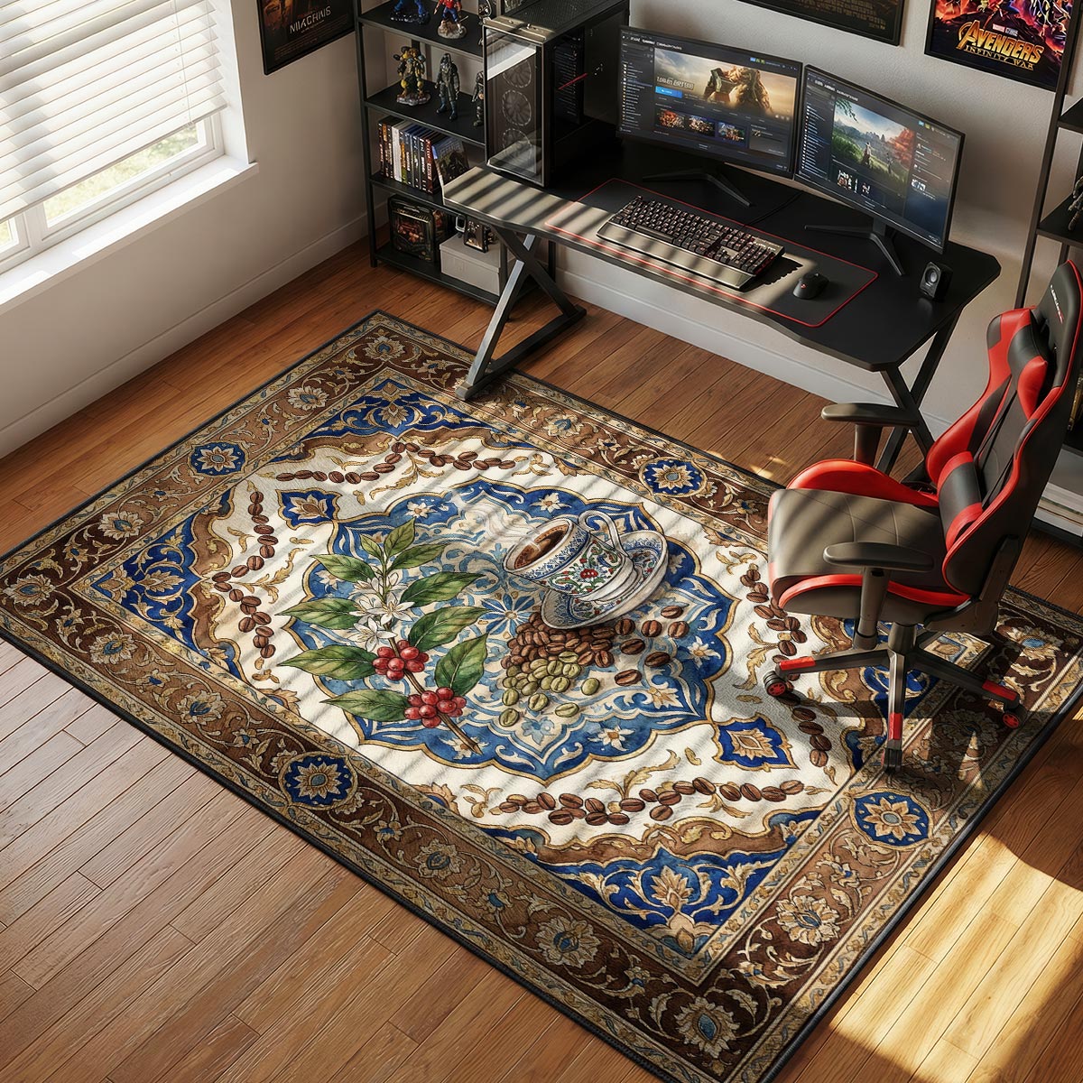 Turkish coffee kitchen rug on warm stone floor near a copper cezve and traditional serving tray