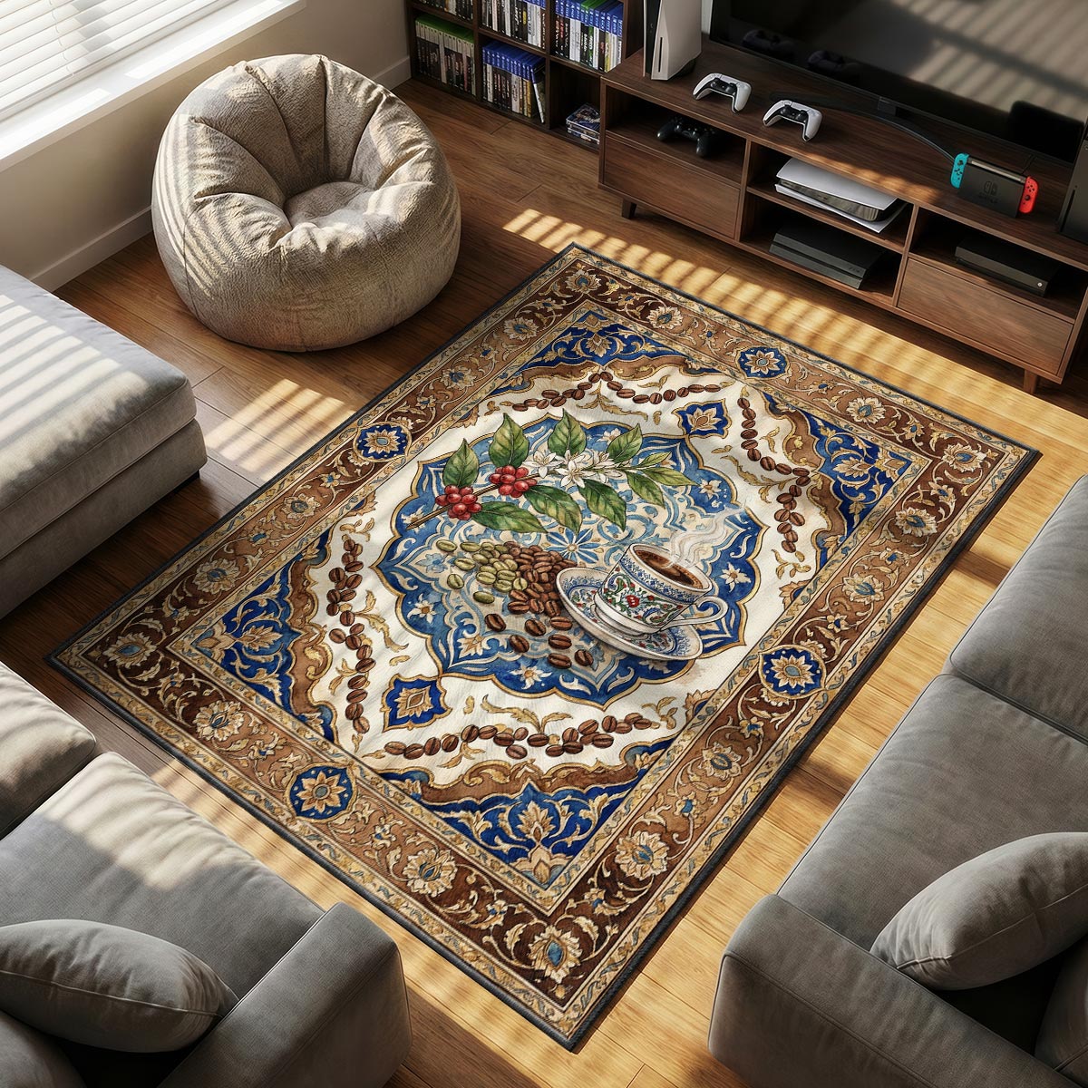 Close-up of Turkish coffee mat showing painted cup floral motif and coffee cherry detail