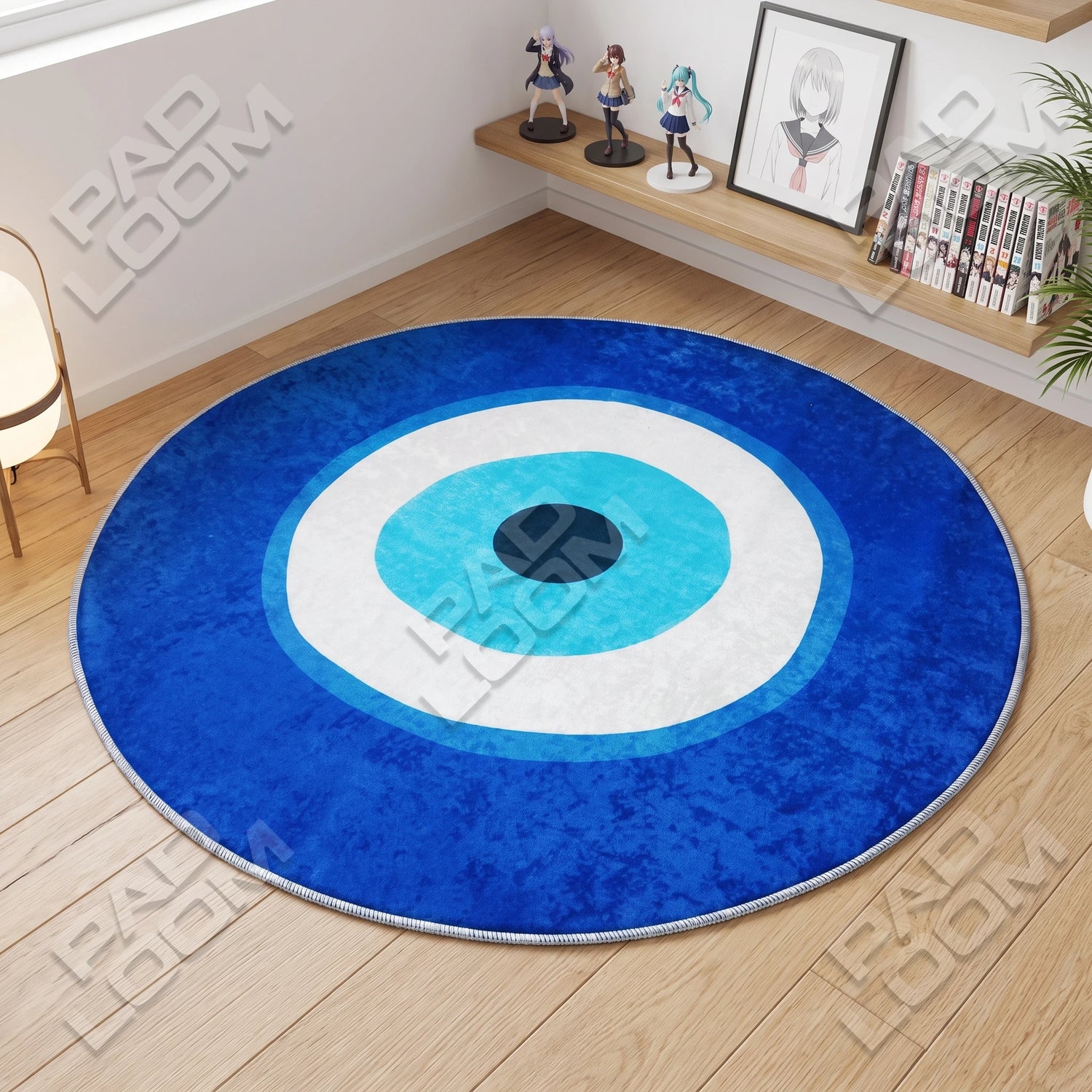 Turkish Evil Eye shaped rug shown in a room setting