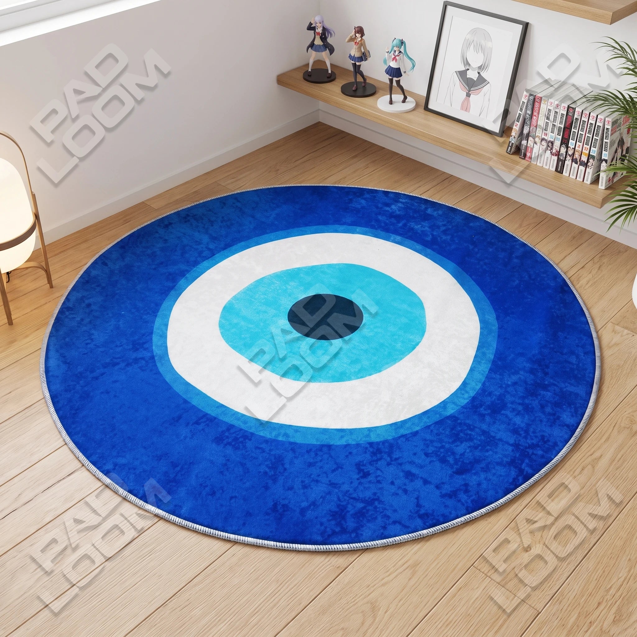 Turkish Evil Eye shaped rug shown in a room setting