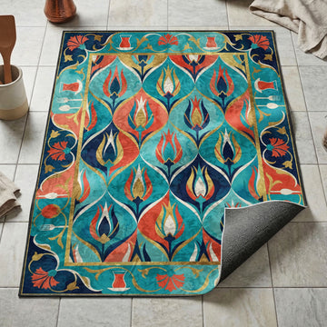 Stylized Ottoman tulip pattern kitchen mat in turquoise coral and navy with tea glass border