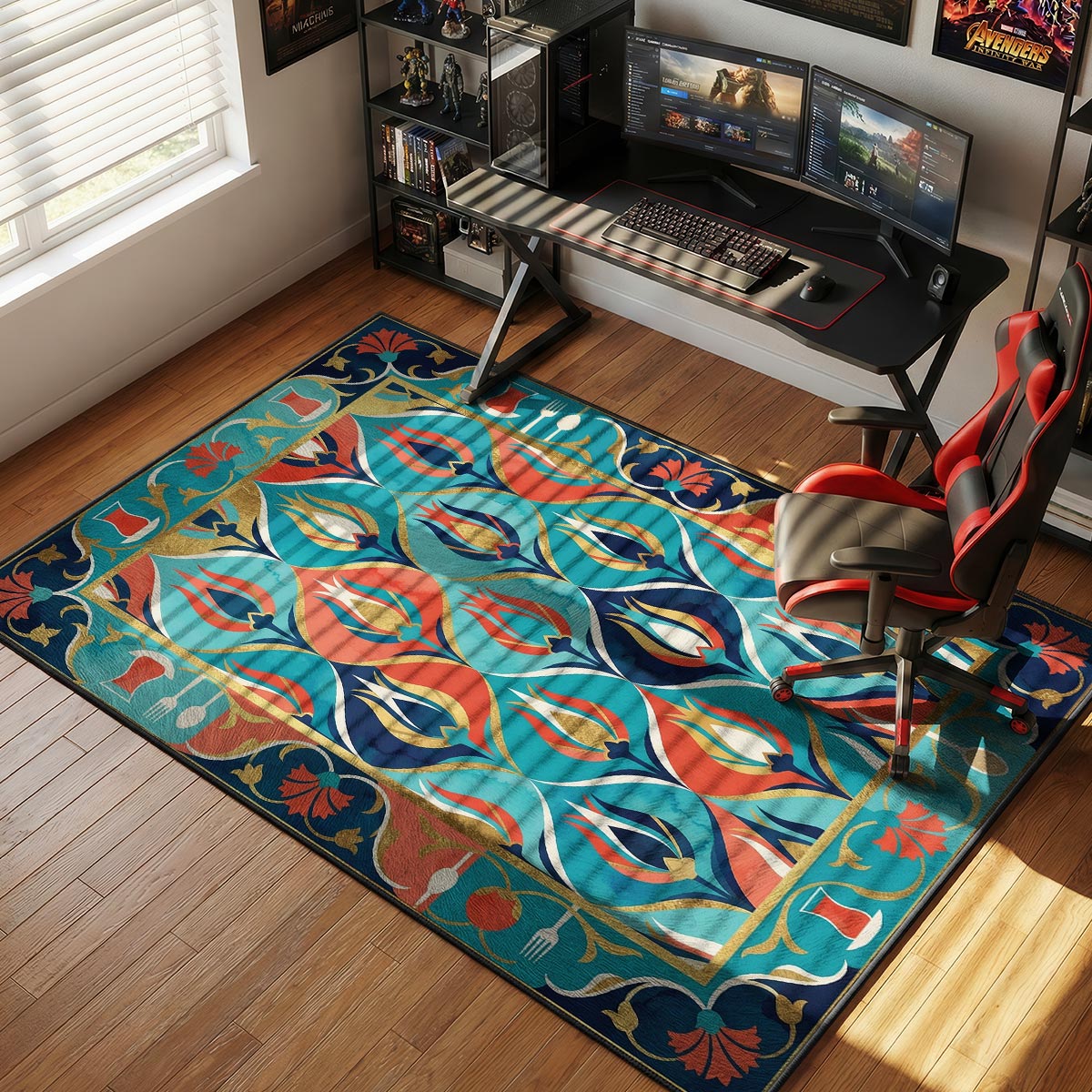 Turkish tulip kitchen rug on light tile floor in a bright kitchen with copper cezve and tea set