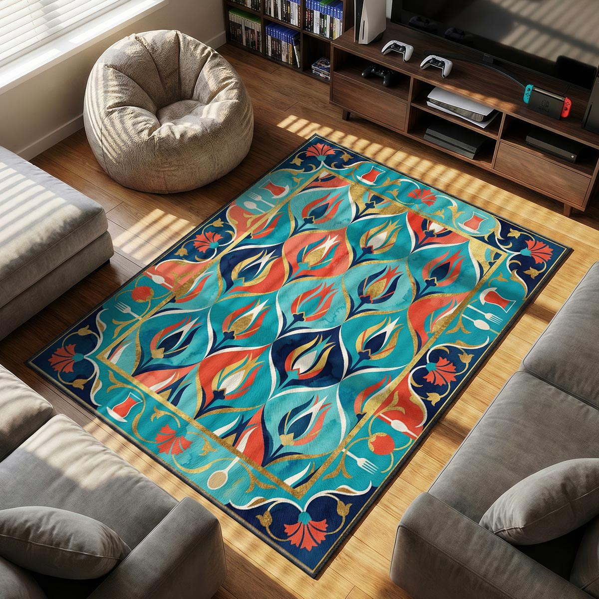 Close-up of Turkish tulip mat showing geometric coral petal detail and gold accent on velvet