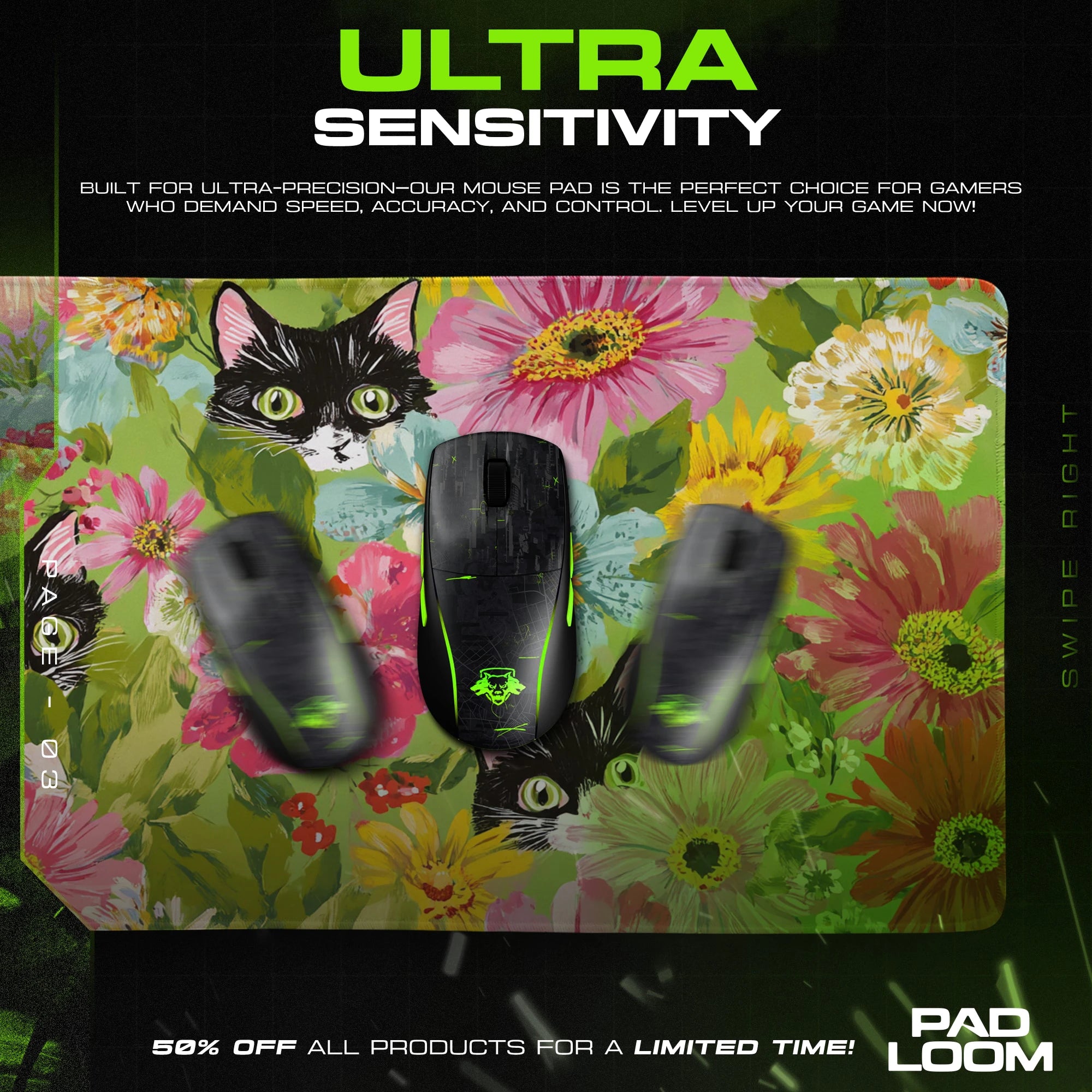Tuxedo Bloom Pattern Mouse Pad - Cat Art Desk Mat