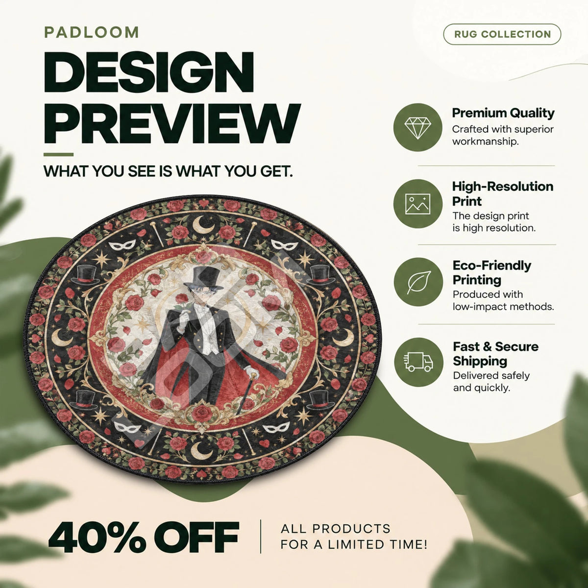 Tuxedo Mask Rose Sailor Moon round rug full design preview
