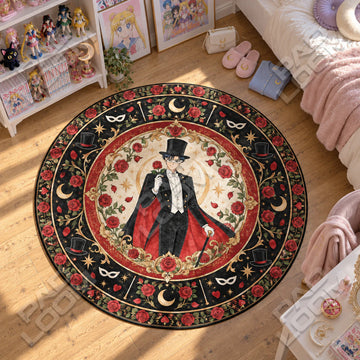 Tuxedo Mask Rose Sailor Moon round rug on a bedroom floor - Sailor Moon chair mat