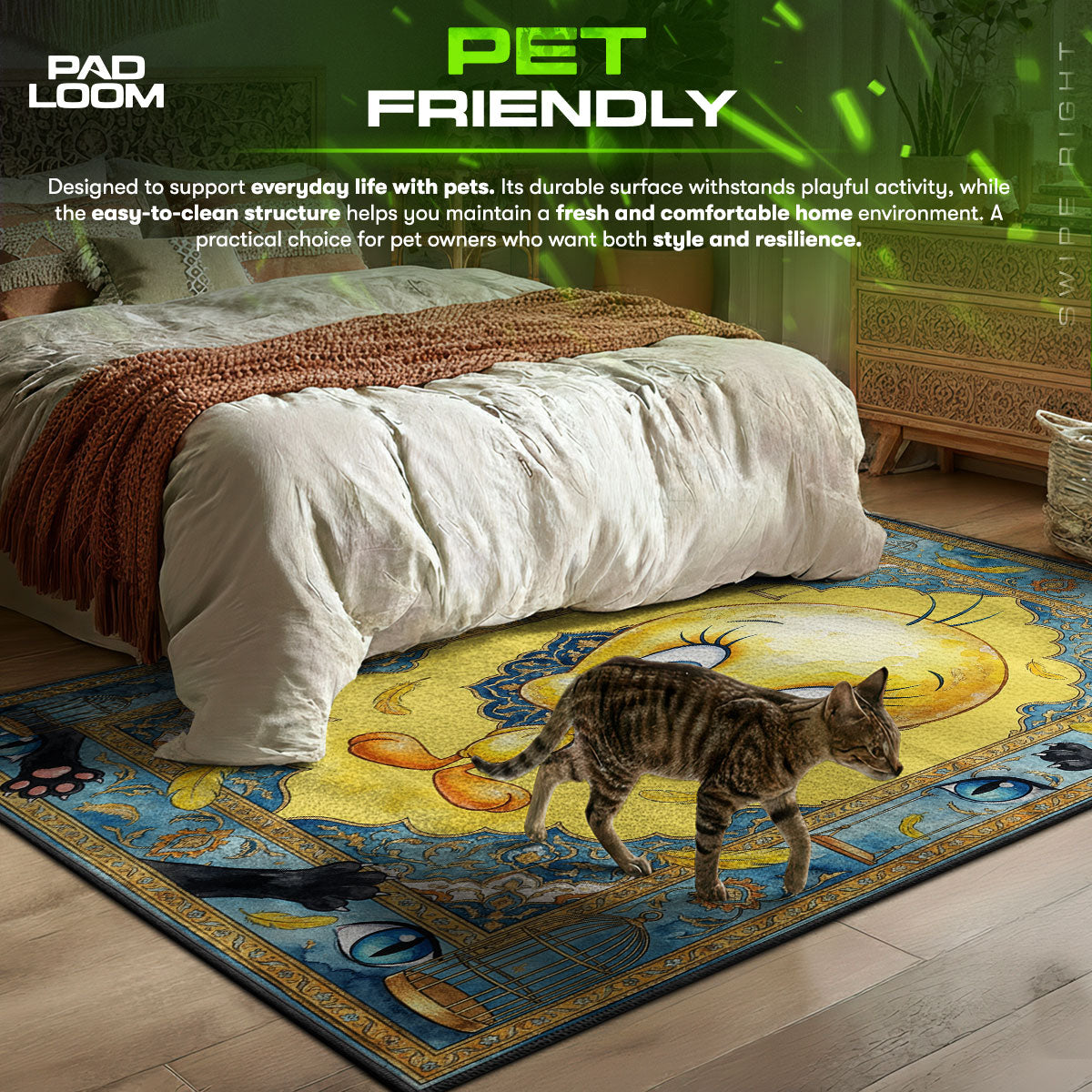 Detailed close-up of Tweety rug pattern