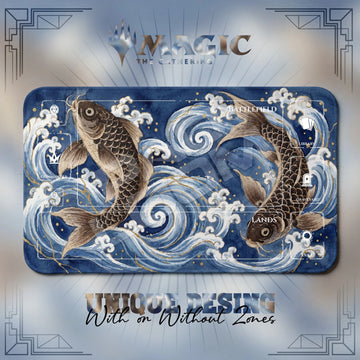 Twin Carp Wave MTG playmat, blue and gray art with play zones, 24 x 14 in