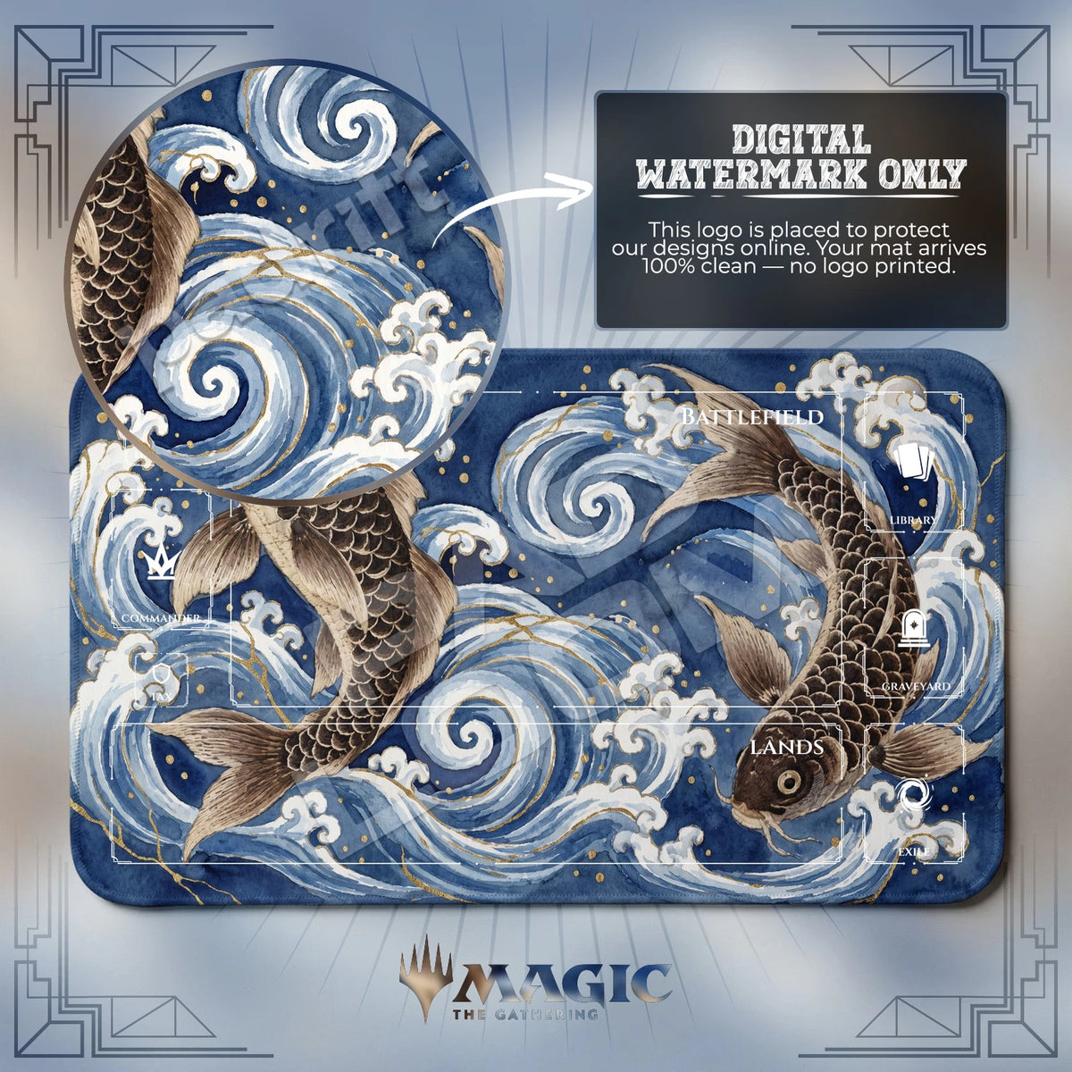 Twin Carp Wave MTG playmat with zones; the Padloom watermark is digital only, not printed