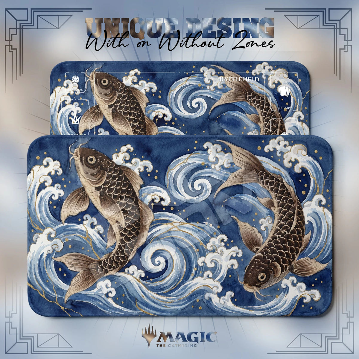 Twin Carp Wave MTG playmat shown with zones and without zones