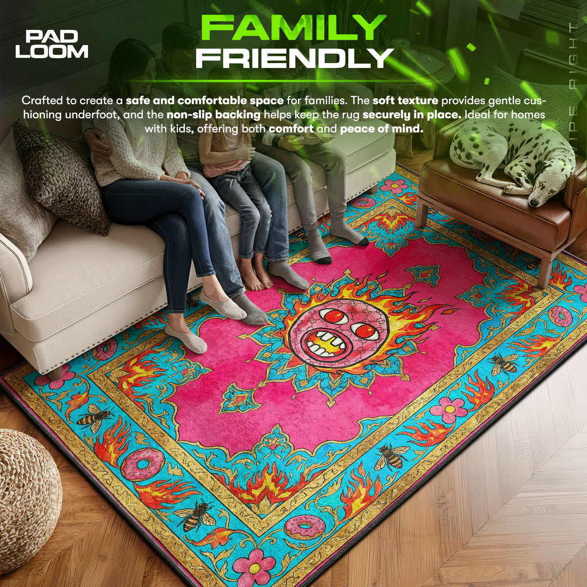 Gucci area rug showing full home decor artwork