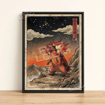 Typhlosion Roaring Pokemon poster - framed canvas wall art in a black frame