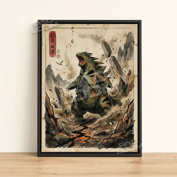 Tyranitar Roaring Pokemon poster - framed canvas wall art in a black frame