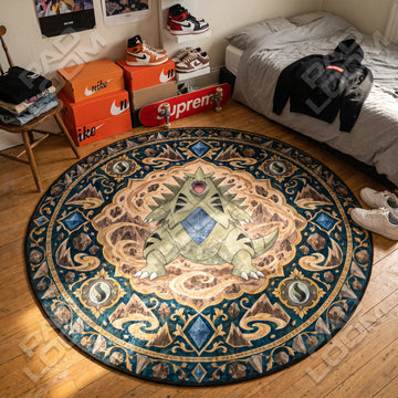 Tyranitar Roaring Pokemon round rug on a bedroom floor - Pokemon chair mat
