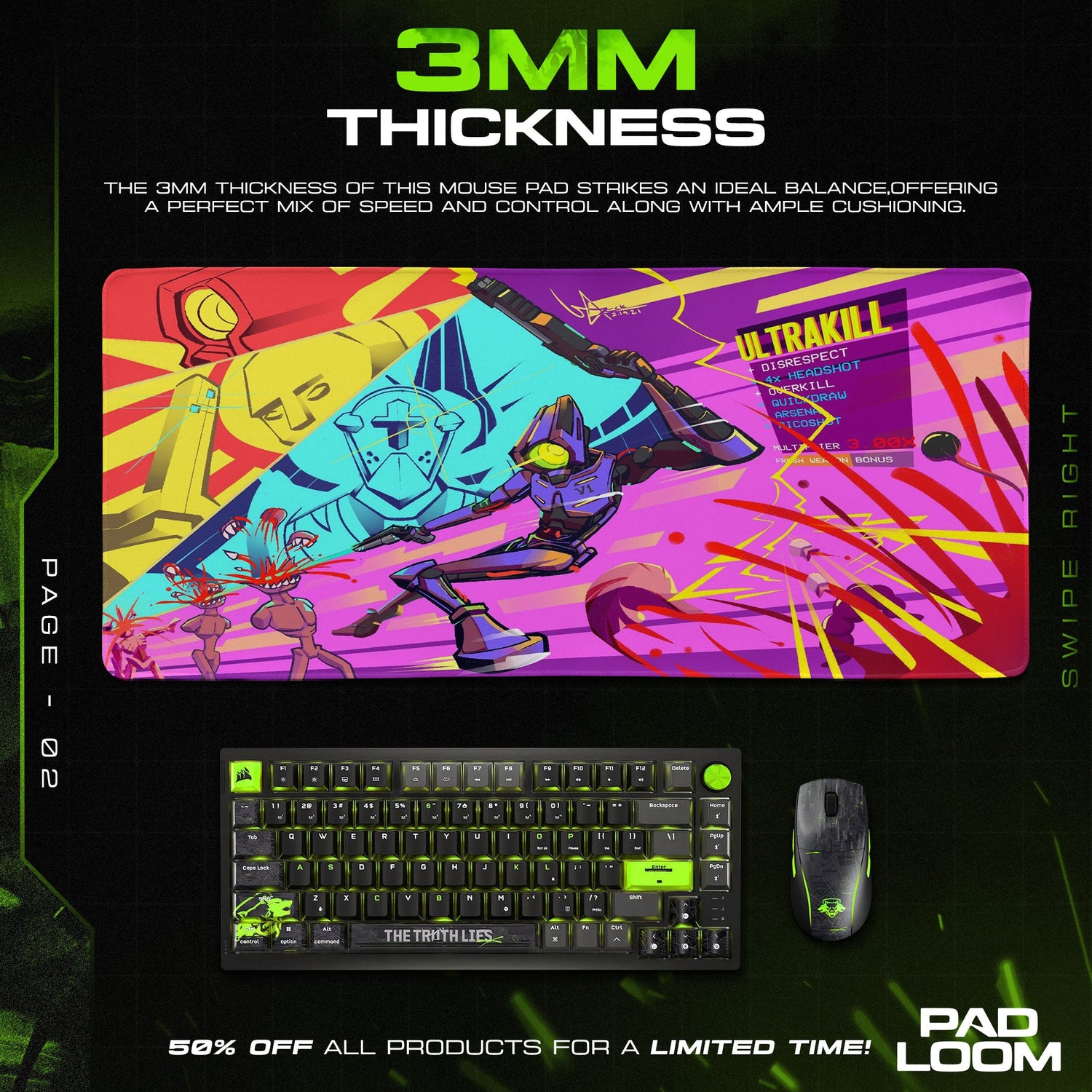 Ultrakill Mouse Pad, Neon Chaos Gaming Desk Mat Padloom