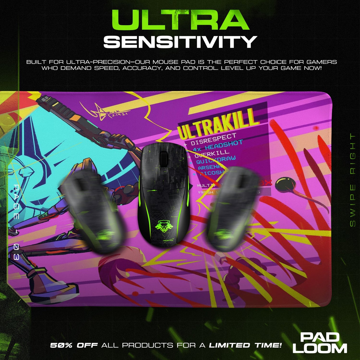 Ultrakill Mouse Pad, Neon Chaos Gaming Desk Mat Padloom