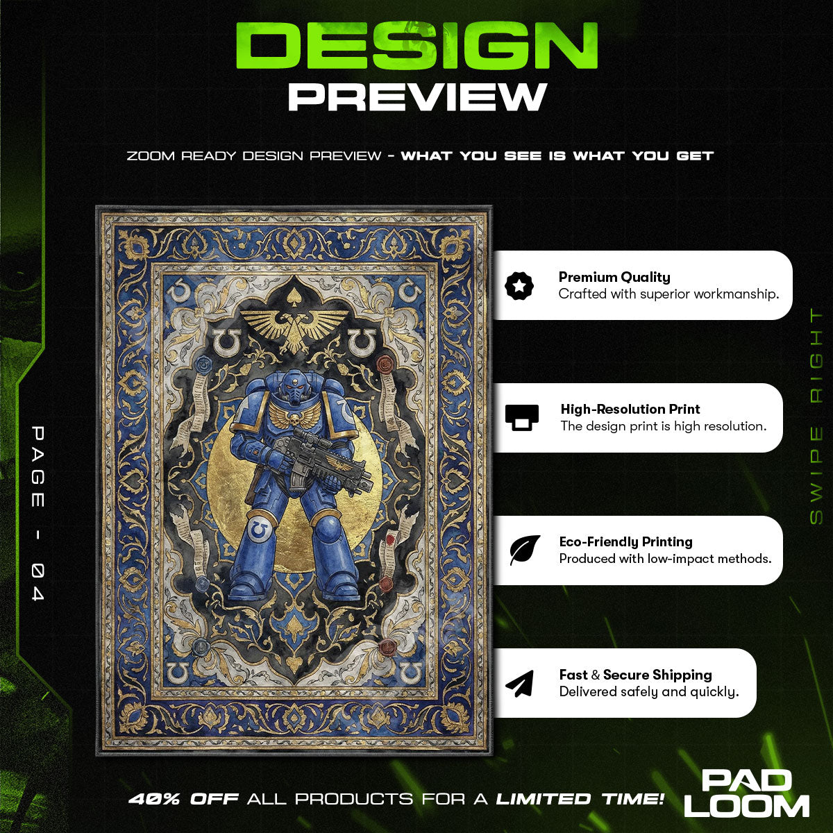 Ultramarin Tarot Gold Teppich - Warhammer 40k Stuhlunterlage