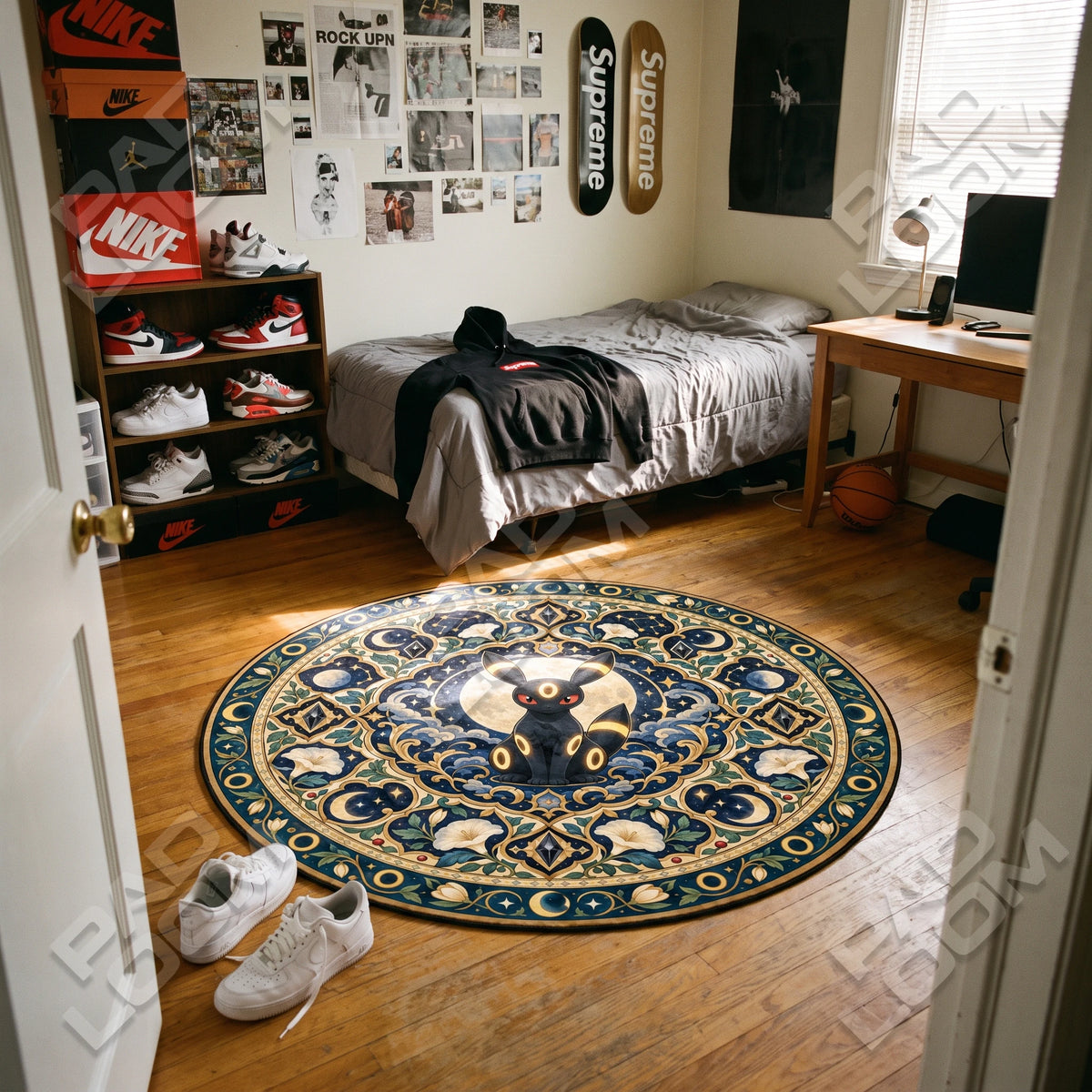 Umbreon Moonlit round rug shown in a styled room - Pokemon area rug