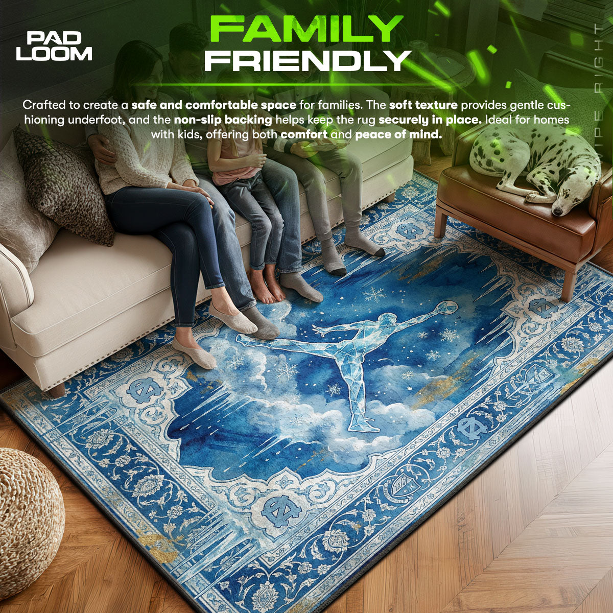UNC area rug showing full home decor artwork