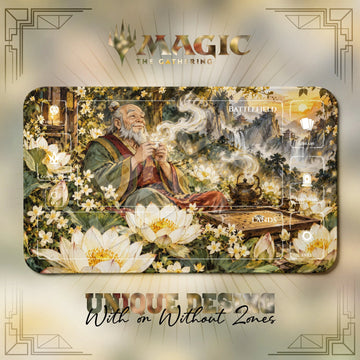 Uncle Iroh Pai Sho Avatar MTG playmat, beige and orange art with play zones, 24 x 14 in